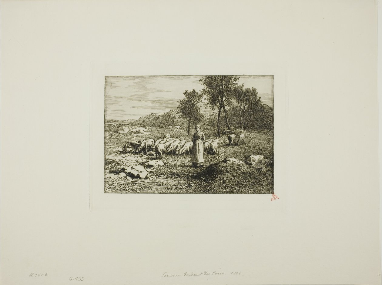 Kvinna som vakar över en flock grisar av Charles Emile Jacque