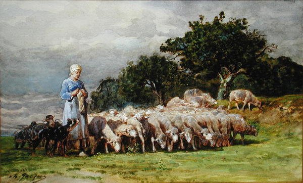 En herdinna med en fårflock (akvarell på papper) av Charles Emile Jacques