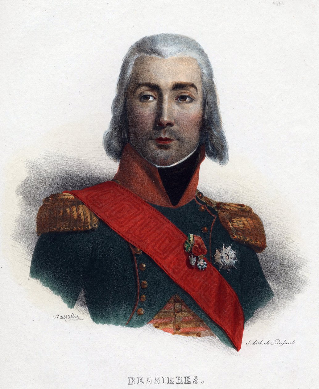 Porträtt av Jean Baptiste (Jean-Baptiste) Bessieres (1768-1813), marskalk av Frankrike - Mauraisse, Charles Emile (1799-1852) - 1835 - Litografi, akvarell - 32x24 - Privat samling av Charles Emile Mauraisse