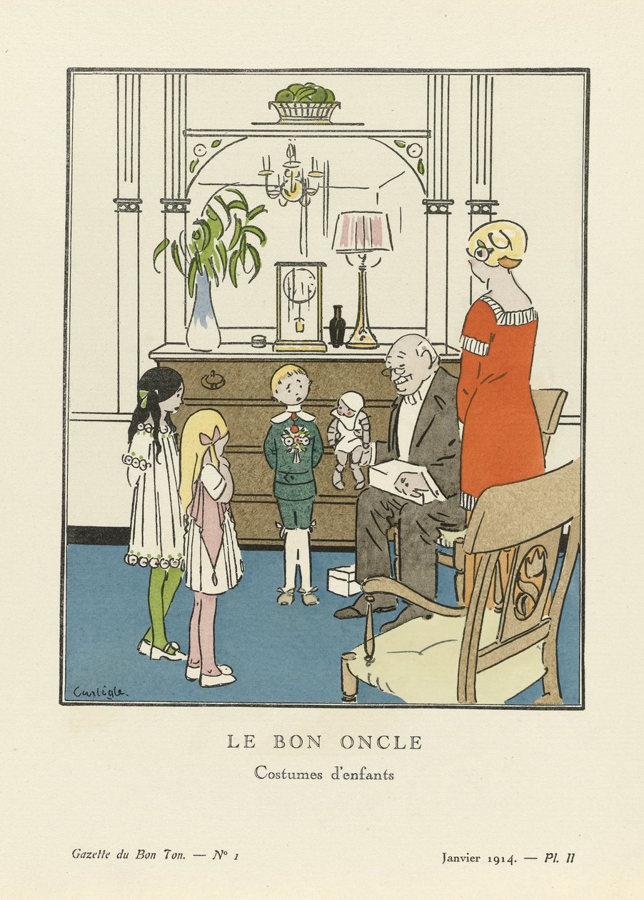 Den gode farbrorn. Barndräkter från La Gazette du Bon Ton, pub. 1914 (stenciltryck) av Charles Emile called Carlegle Egli