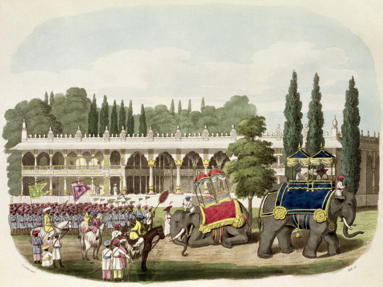 Palatset i Tippoo Sahib (1749-99) graverat av Thomas Hall för "orientaliska teckningar", pub. 1806 (akvatint) av Charles Emilius Gold
