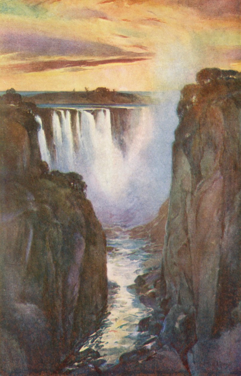 Victoriafallen, huvudfallet sett genom ravinen (färglitografi) av Charles Ernest Peers
