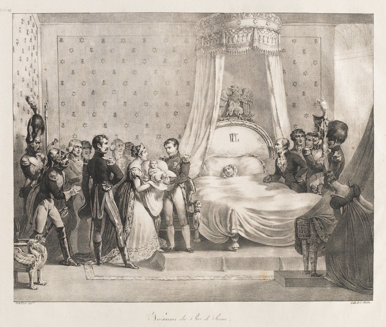 Födelse av kungen av Rom, tidigt 1800-tal (litho) av Charles Etienne Pierre Motte