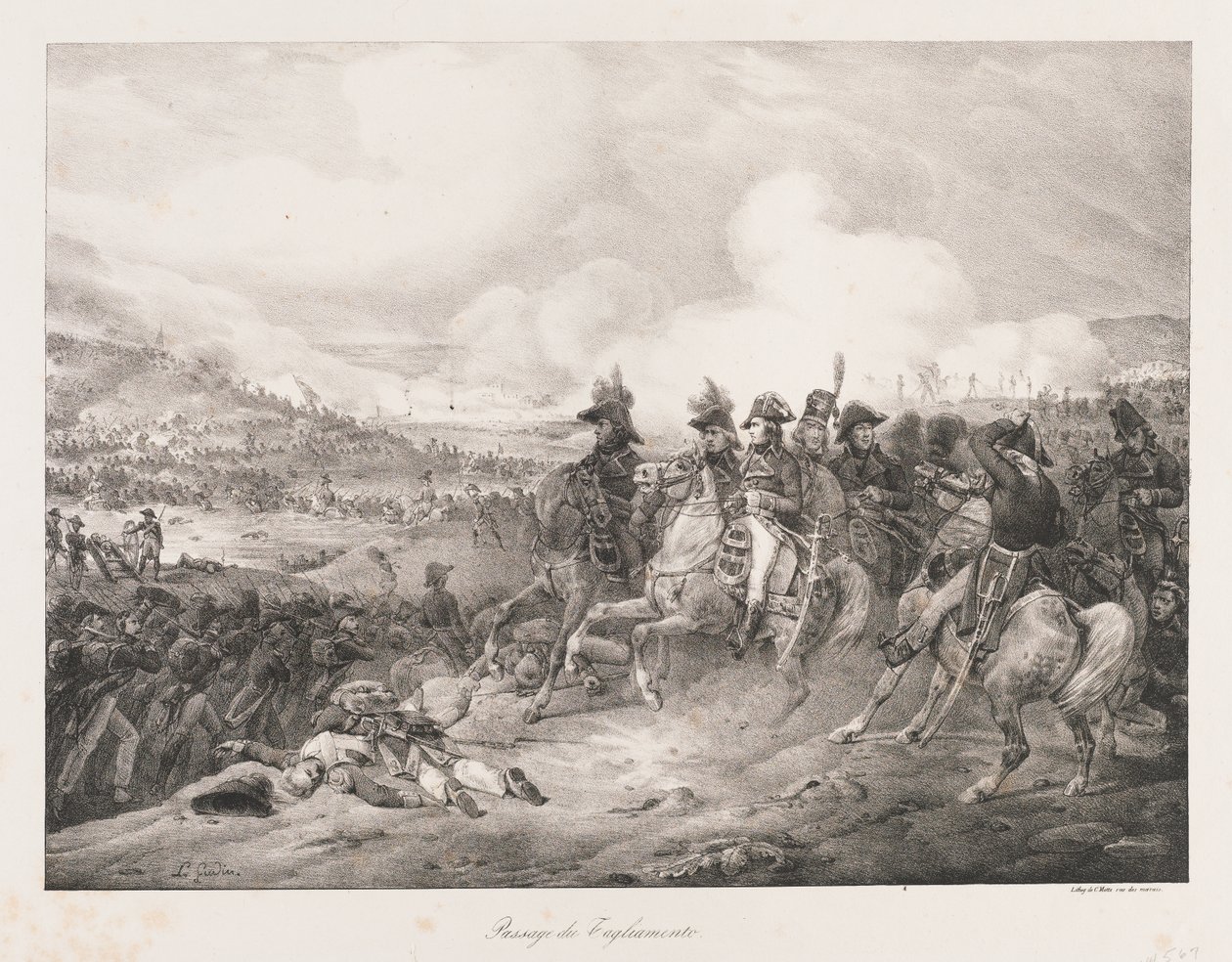 Att korsa Iagliomento, tidigt 1800-tal (litho) av Charles Etienne Pierre Motte