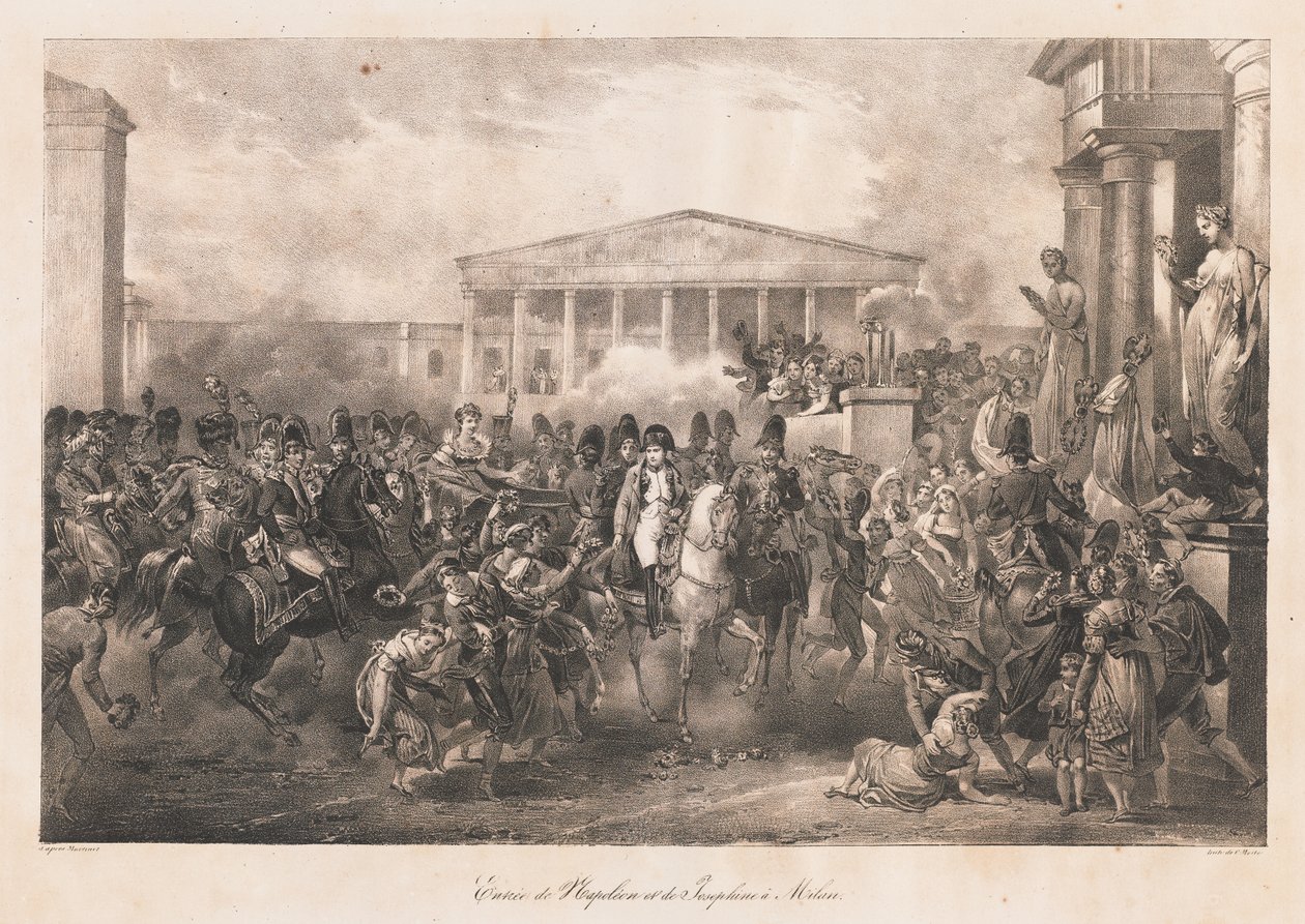 Napoleons och Josephines intåg i Milano, tidigt 1800-tal (litho) av Charles Etienne Pierre Motte