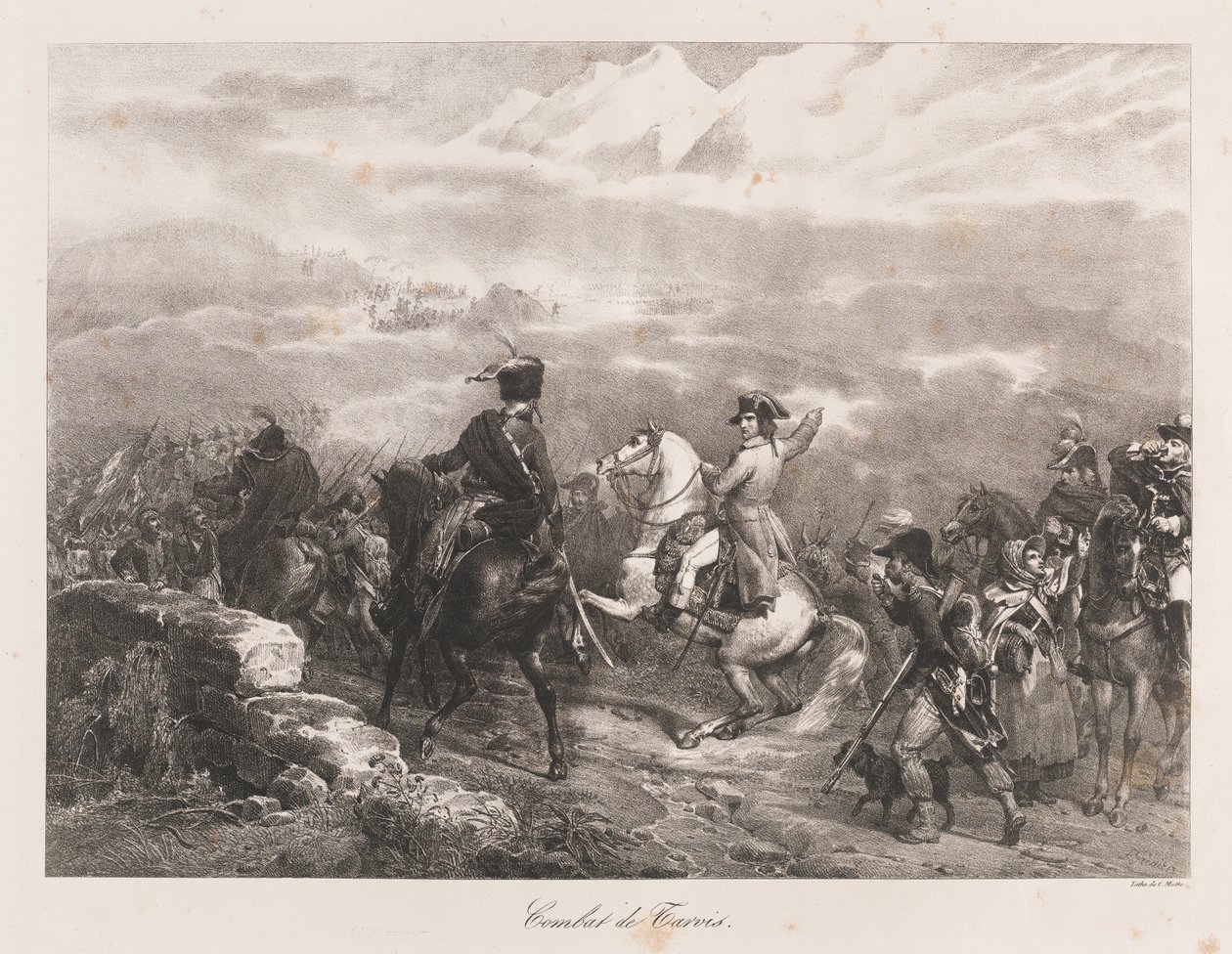 Fight of Tarvis, tidigt 1800-tal (litho) av Charles Etienne Pierre Motte