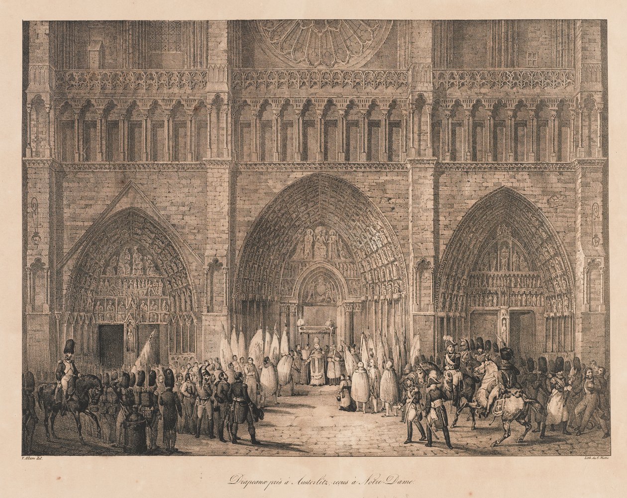 Flaggor tagna vid Austerlitz Mottagna vid Notre Dame, tidigt 1800-tal (litho) av Charles Etienne Pierre Motte
