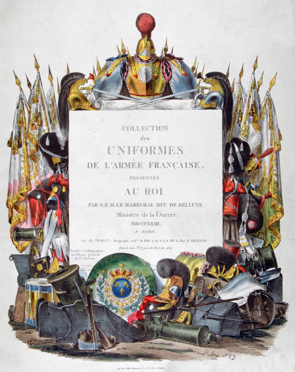 Frontispice av samlingen av uniformer från den franska armén presenterad för kungen, 1823. av Charles Etienne Pierre Motte