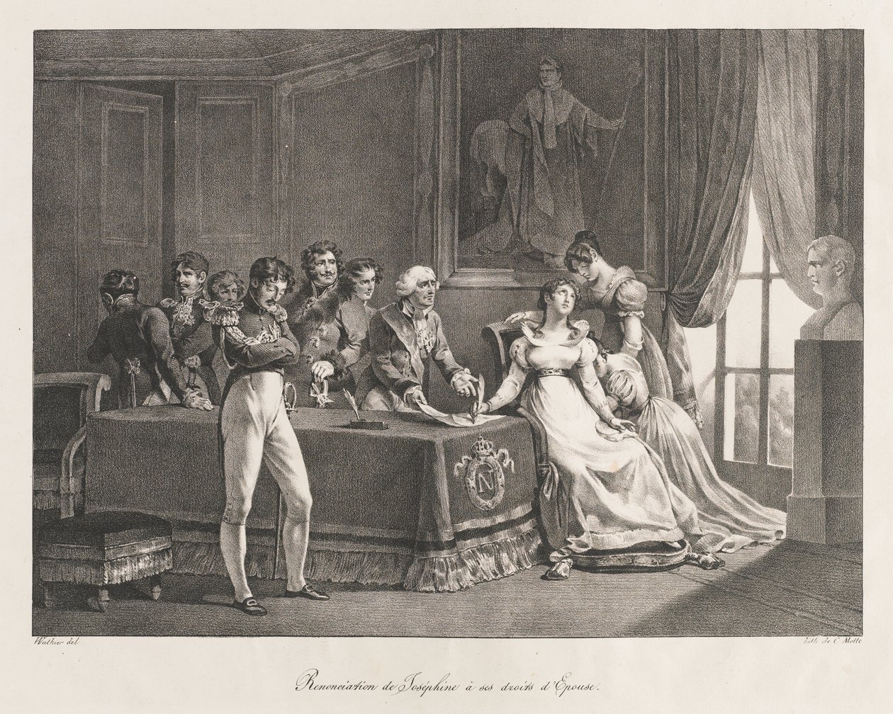 Josephine avsäger sig sina rättigheter, tidigt 1800-talet (litho) av Charles Etienne Pierre Motte