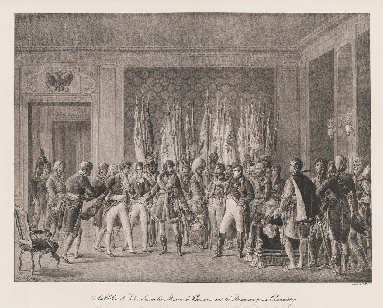 Maires of Paris tar emot Austerlitz flagga, tidigt 1800-tal (litho) av Charles Etienne Pierre Motte