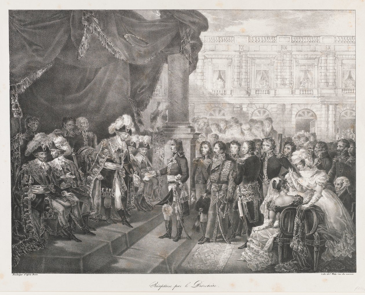 Mottagning av Directoire, tidigt 19:e århundrade (litho) av Charles Etienne Pierre Motte