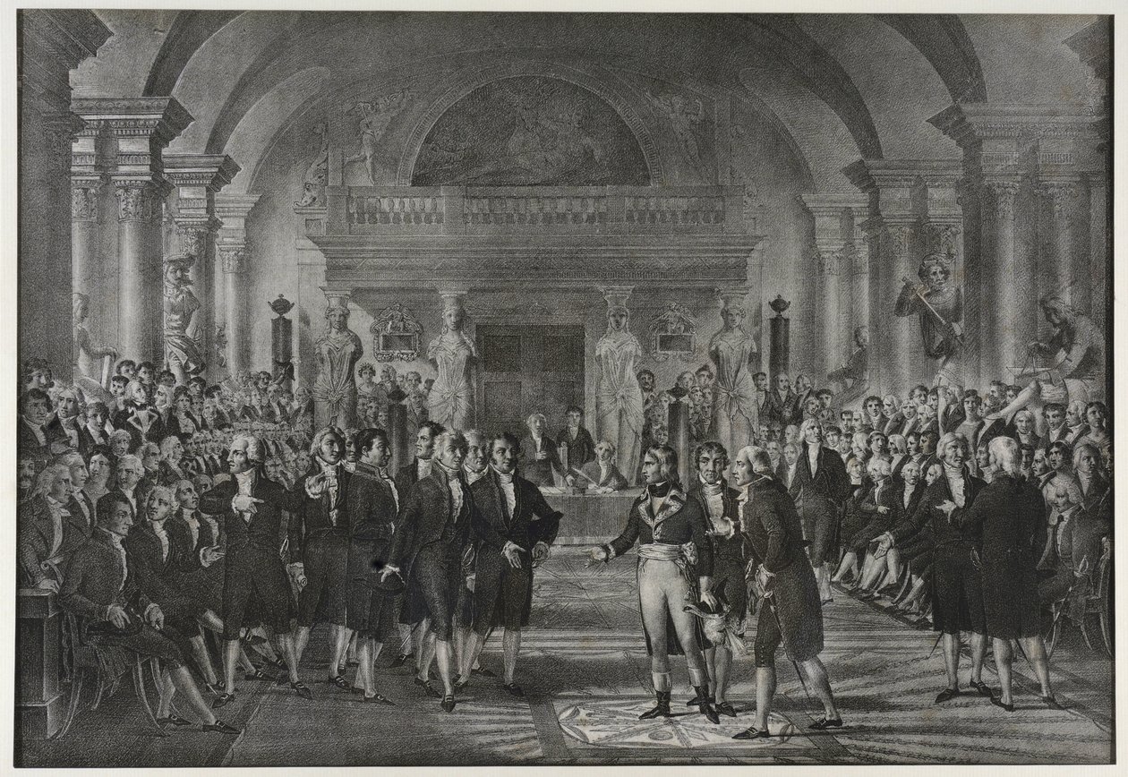 Mottagning av Napoleon Bonaparte vid institutet, klass för fysik och matematik, sektionen för mekanisk konst den 25 december av Charles Etienne Pierre Motte