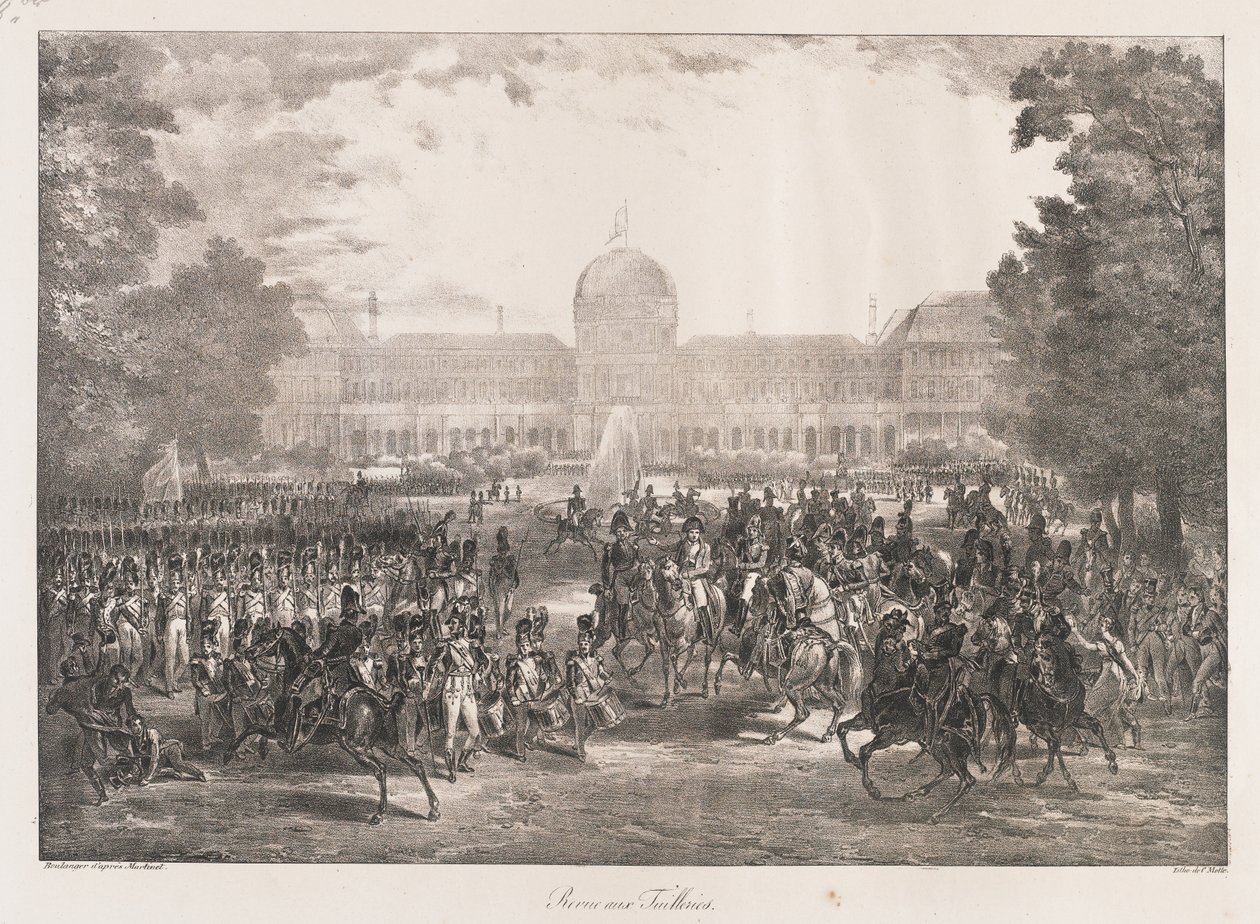 Granskning av Tuilerierna, tidigt 1800-tal (litho) av Charles Etienne Pierre Motte