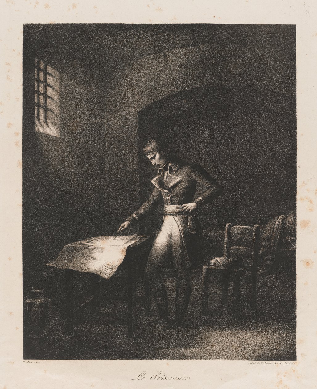 Fången, tidigt 1800-tal (litho) av Charles Etienne Pierre Motte