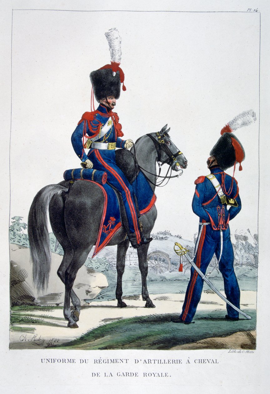 Uniform för ett regemente av hästartilleri av kungliga gardet, Frankrike, 1823. av Charles Etienne Pierre Motte