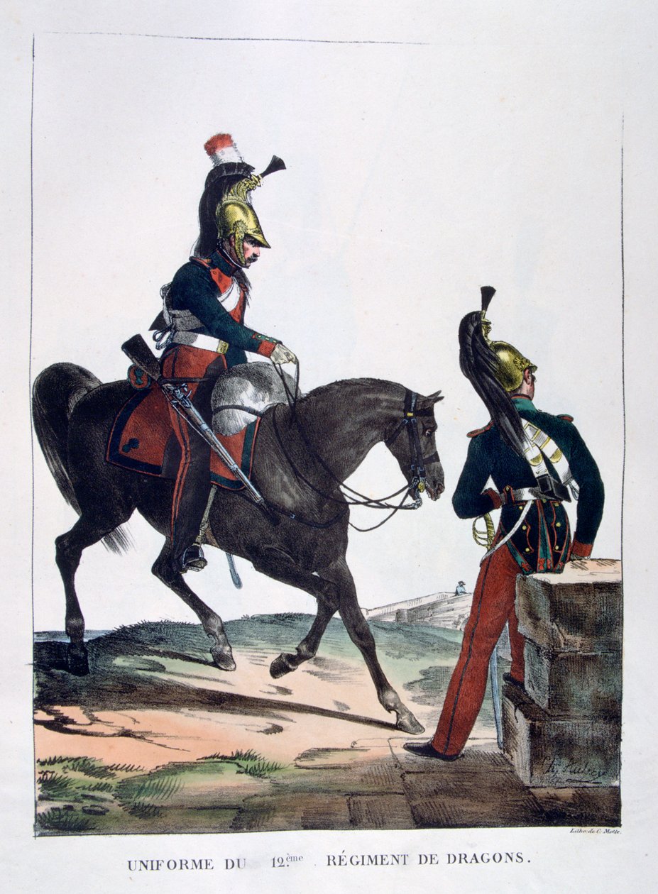 Uniform från 12:e Regiment of Dragons, Frankrike, 1823. av Charles Etienne Pierre Motte