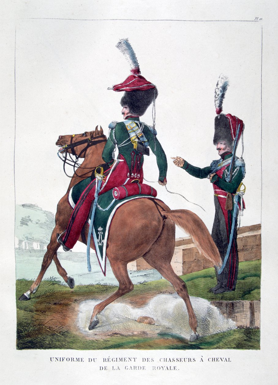 Uniformer från det franska kungliga gardets beridna chasseurregemente, 1823. av Charles Etienne Pierre Motte