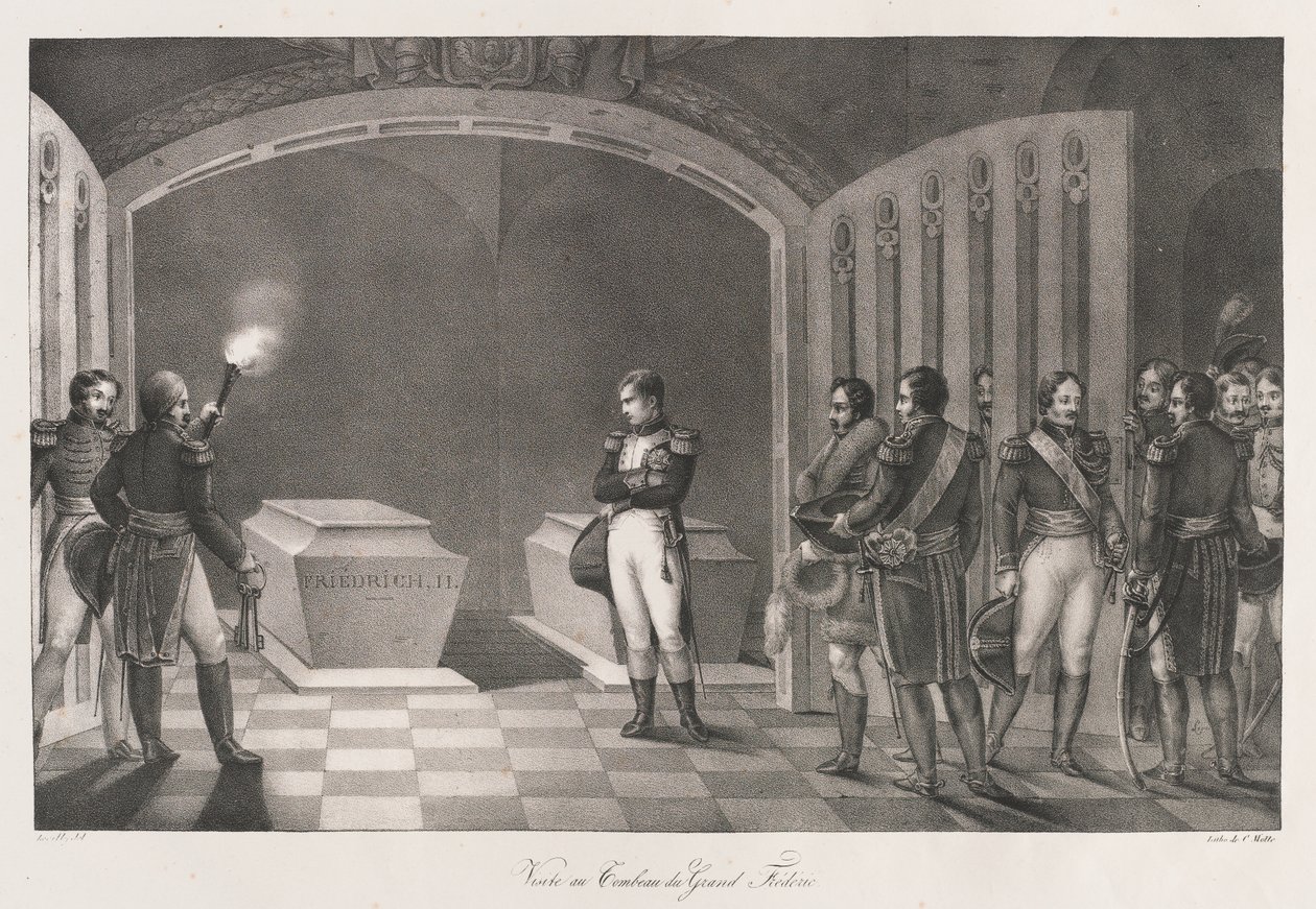 Besök på Fredrik den stores grav tidigt 1800-talet (litho) av Charles Etienne Pierre Motte