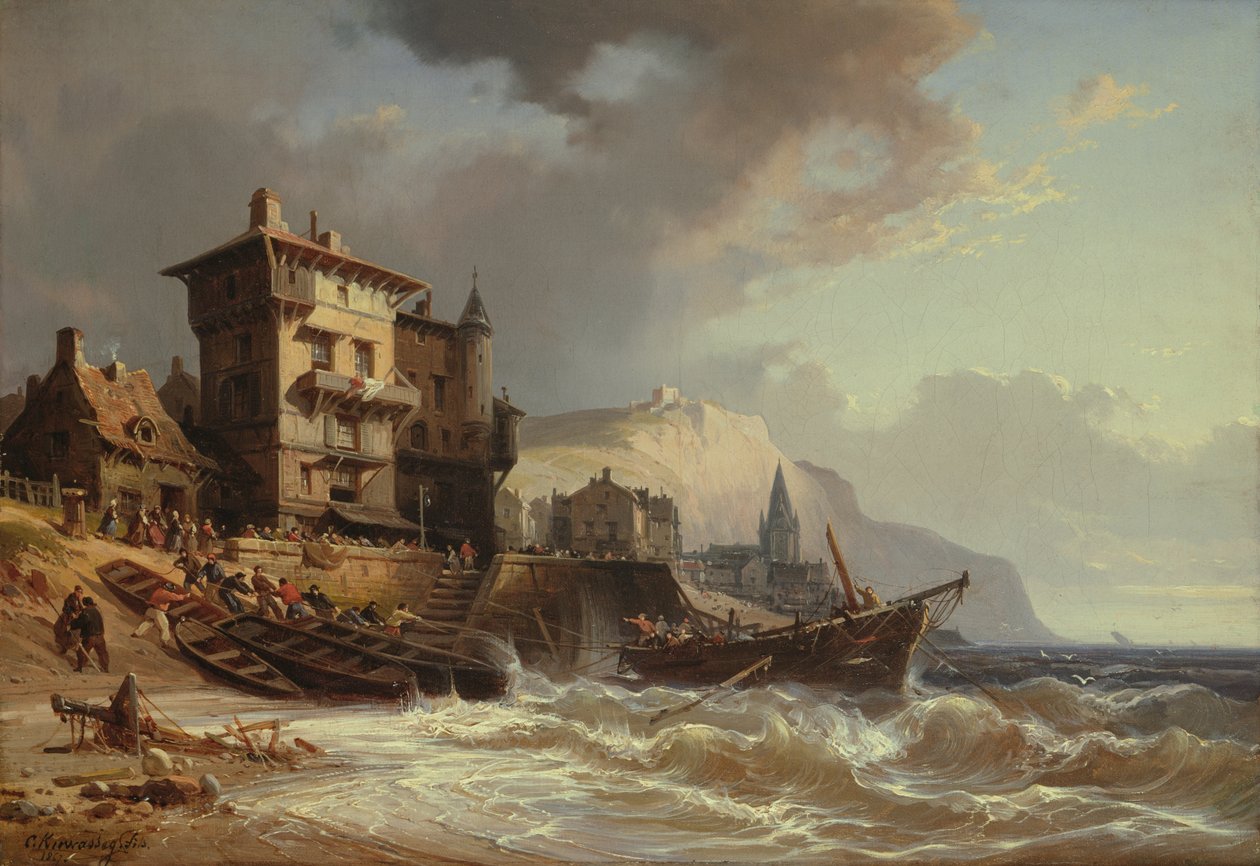 Dra båtarna i land på Bretagnes kust, 1800-talet av Charles Euphrasie Kuwasseg
