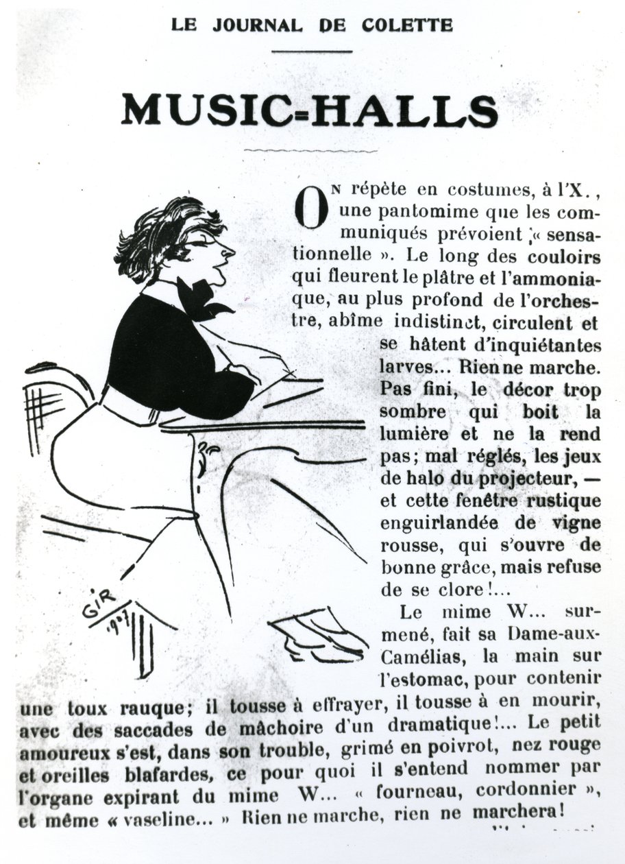 Karikatyr av Colette från hennes essä om Music-Halls in Vrilles de la Vigne, publicerad i La Vie Parisienne, Paris, 1908 av Charles Felix Gir