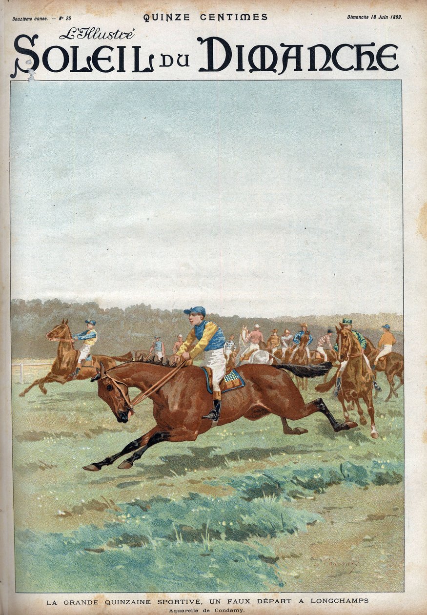 Hästkapplöpning: "" The big sports forzaine: en fejkstart på Longchamps kapplöpningsbana"". Akvarell av Condamy Gravyr i "" Le sun-du-dimanche"", 18 juni av Charles Fernand de (after) Condamy