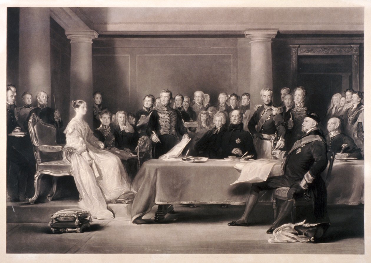 Drottning Victoria presiderade i rådet vid hennes trontillträde, 1846 av Charles Fox