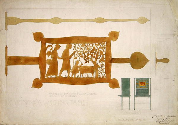 Design för ett skrivbordsgångjärn i mässing av Charles Francis Annesley Voysey