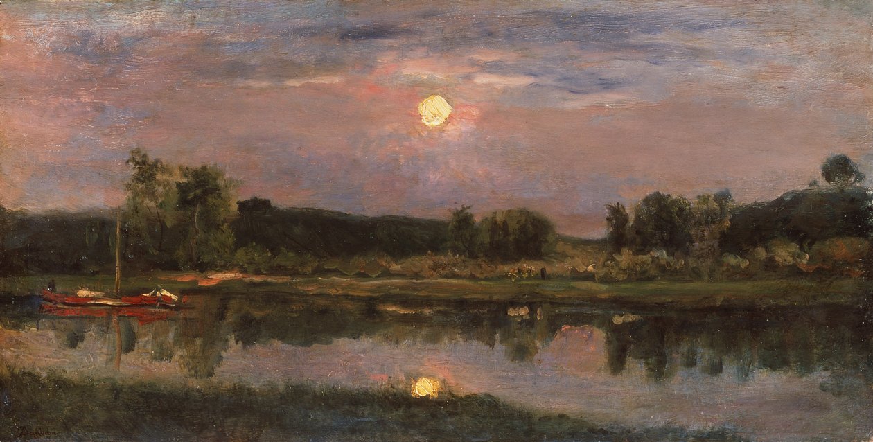 A Moonlit River Landscape, ca 1855 (olja ombord) av Charles Francois Daubigny