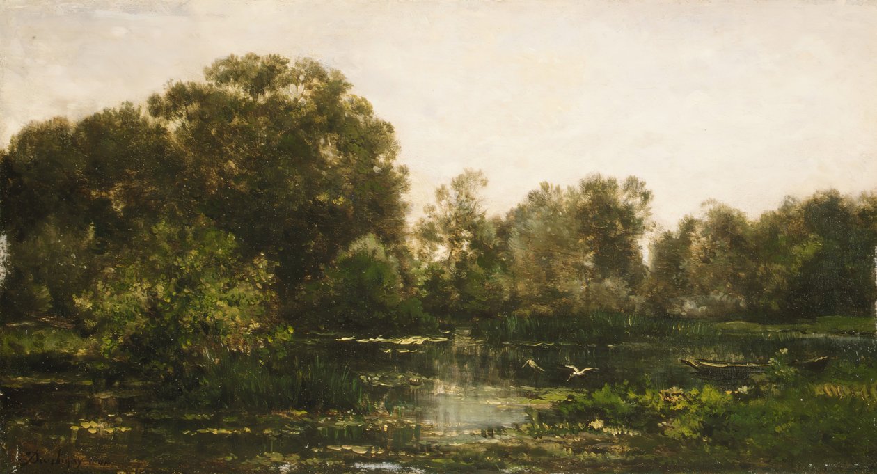 Ett flodlandskap med storkar, 1864. av Charles Francois Daubigny