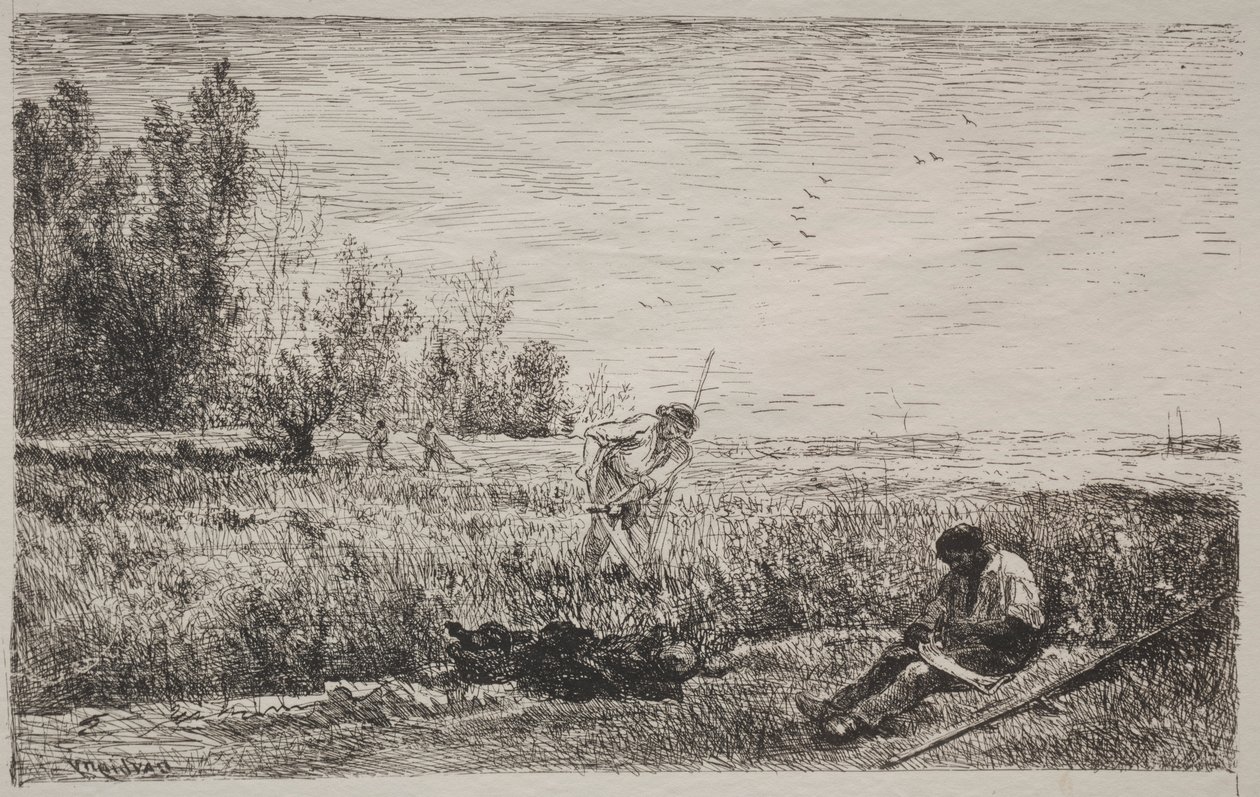 Höslagning, originalavtryck 1862, tryckt 1921. av Charles Francois Daubigny