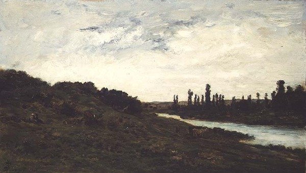 Herdar och boskap i ett trädbevuxet flodlandskap av Charles Francois Daubigny