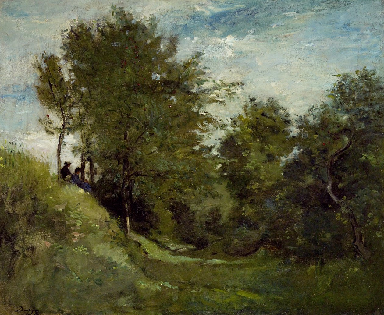 Landskap med figurer sittande på en bank, sent 1870-tal av Charles Francois Daubigny