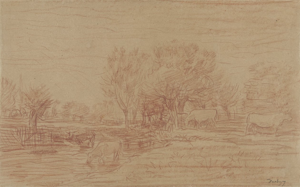 Landskap med betande och drickande kor och en tittande tjur av Charles Francois Daubigny