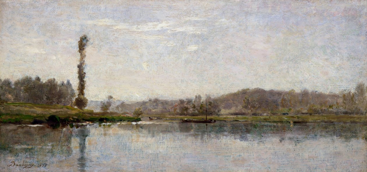 Morgon vid floden Oise, Auvers (olja på tavla) av Charles Francois Daubigny