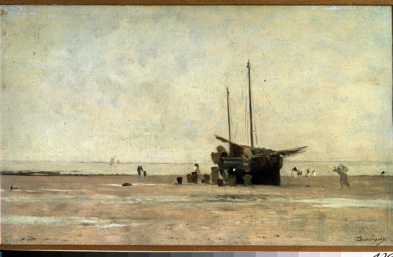 ""Seascape"" En segelbåt på sanden vid lågvatten. Målning av Charles Francois Daubigny (1817-1878) 1868-1872 Pushkin-museet, Moskva av Charles Francois Daubigny