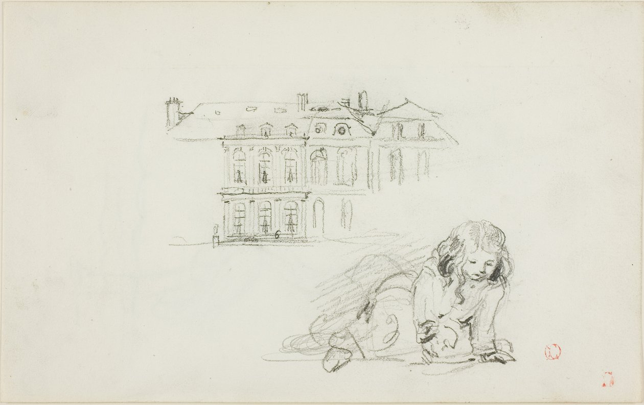 Skisser: Hotel de Ville, Tours och en flicka som leker (recto); Stork (verso) av Charles Francois Daubigny