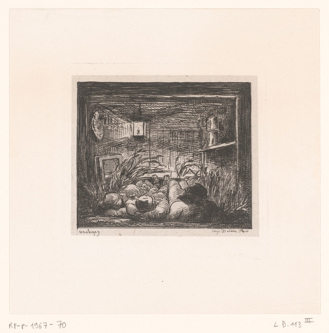 Sovande män i en stuga Soffa à bord du Bottin Serie med landskap och händelser kring vatten (serietitel) Voyage en bateau (serietitel) av Charles Francois Daubigny