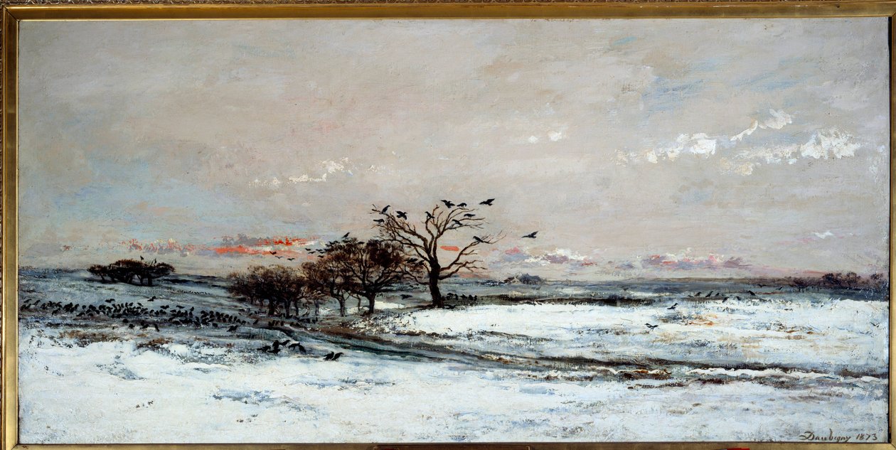 Snölandskap i den nedgående solen. Målning av Charles Francois Daubigny (1817-1878) av Charles Francois Daubigny