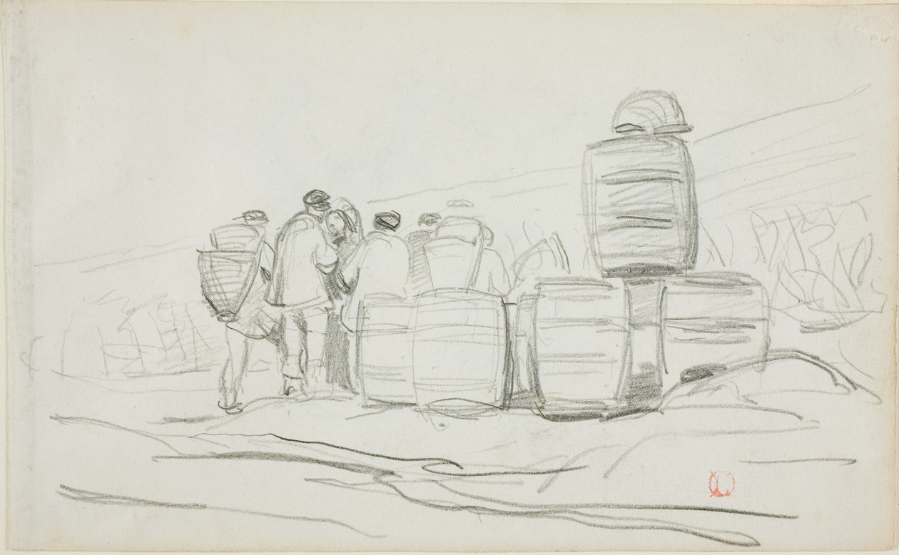 Studie av en grupp människor med tunnor (recto); Två studier av en kvinna som skördar (verso) av Charles Francois Daubigny