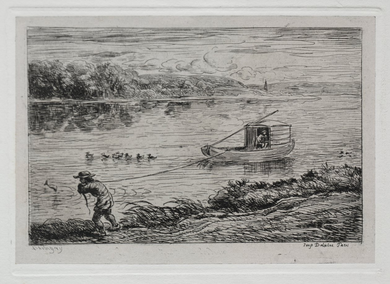 Båtresan: Kabinpojke som drar bogserlinan eller drar med rep av Charles Francois Daubigny