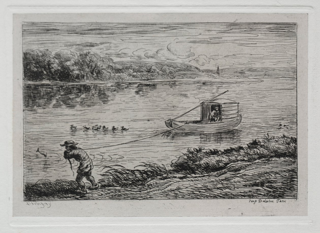 Båtresan: Cabin Boy Hauling the Tow-Rope eller Hauling by Rope, 1861. av Charles Francois Daubigny