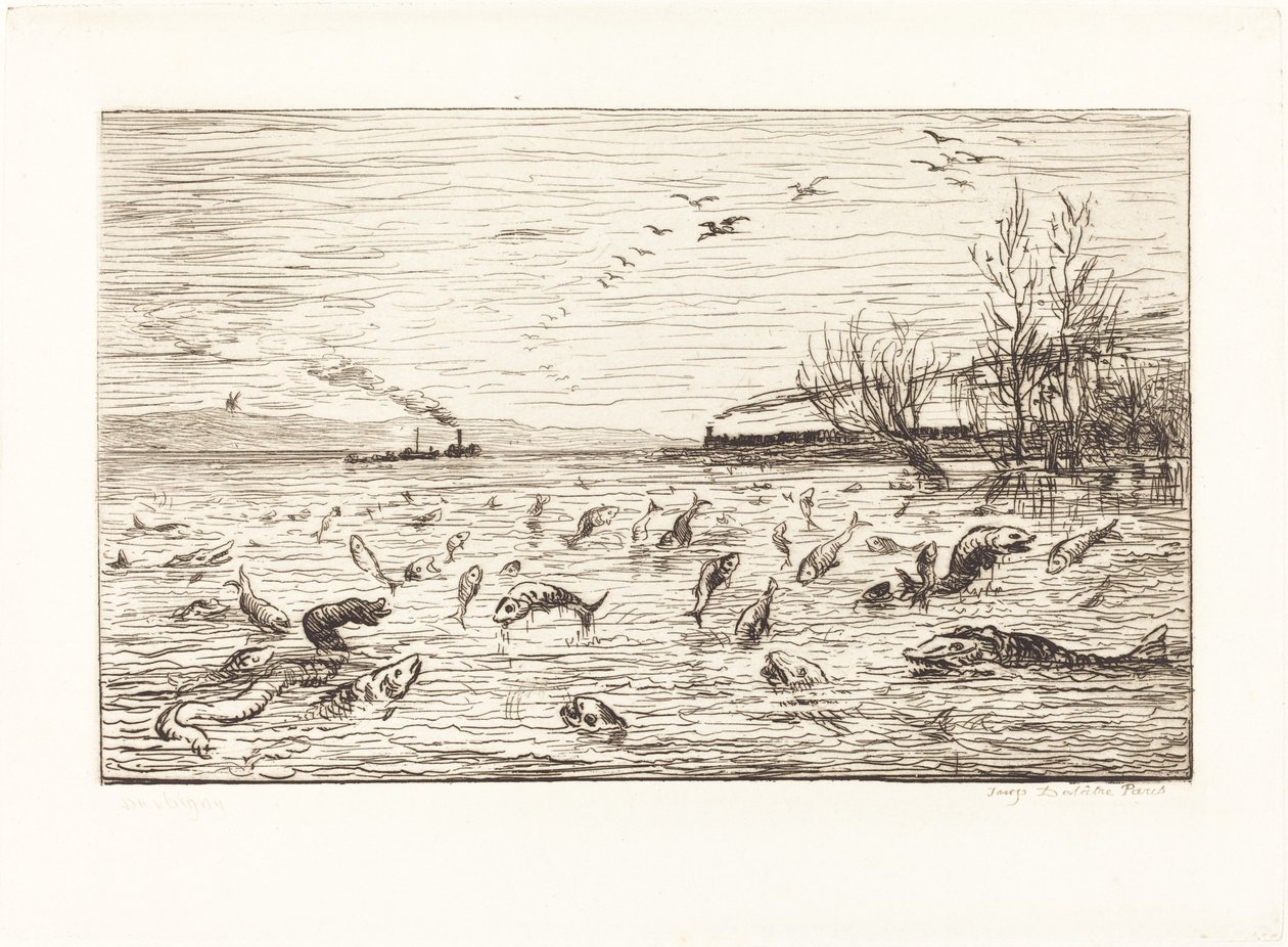 Fisken gläds när stugan pojken lämnar (Rejouissances de poissons du depart du mo av Charles Francois Daubigny