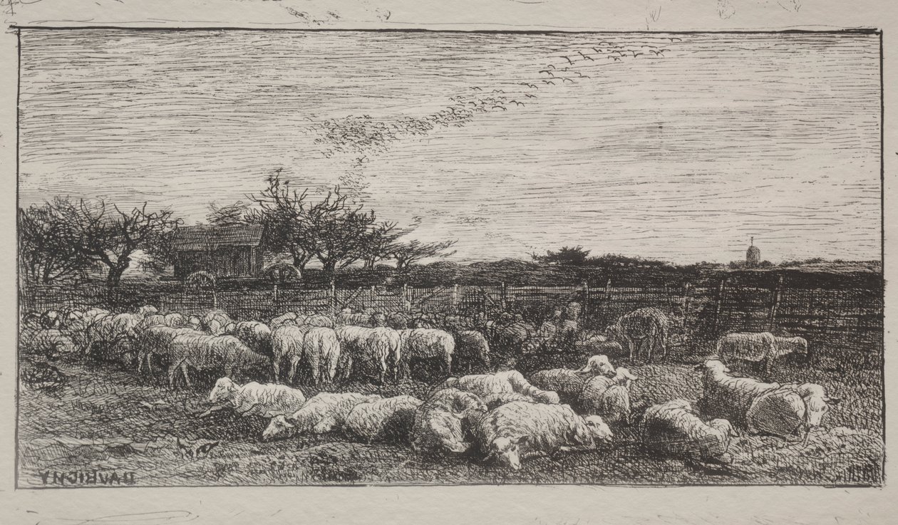 The Large Sheepfold, originalavtryck 1862, tryckt 1921. av Charles Francois Daubigny
