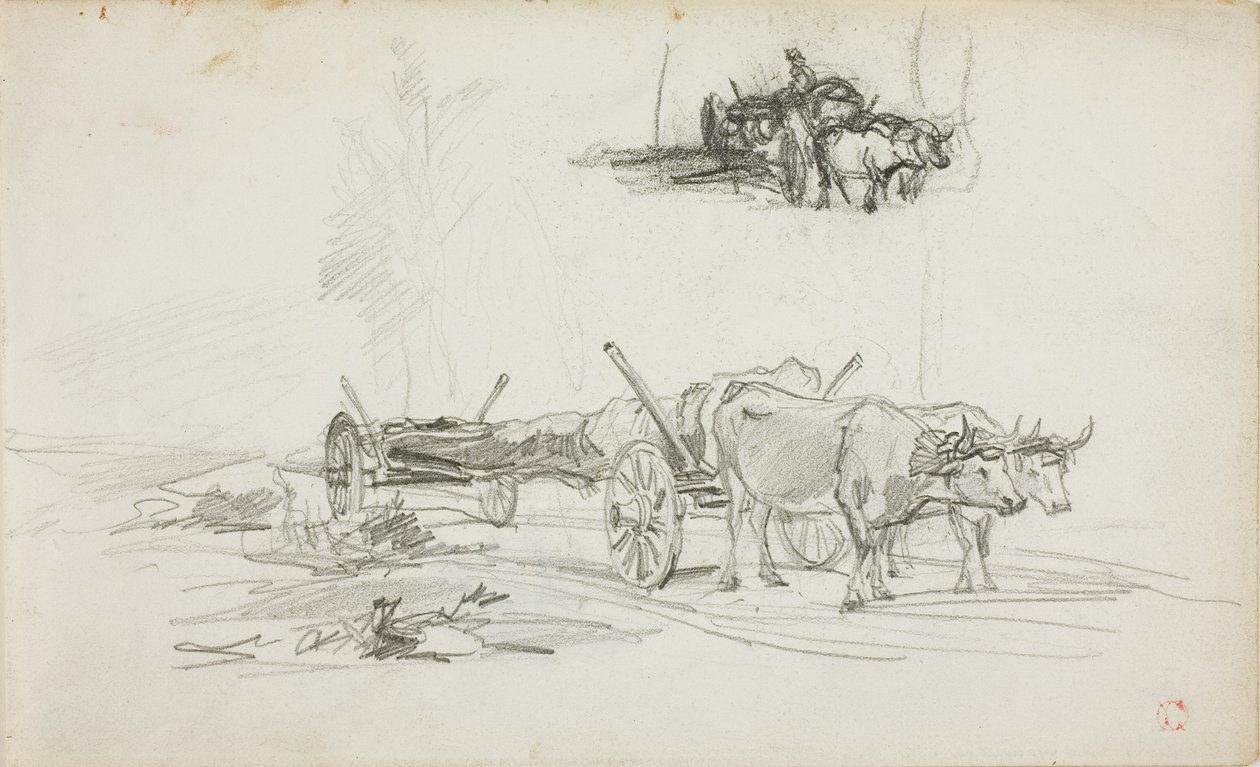 Två skisser av oxar som drar en stock av Charles Francois Daubigny