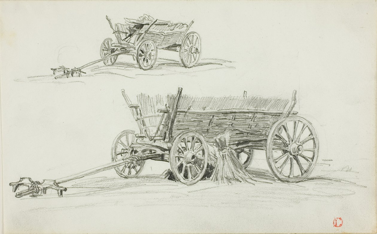 Två skisser av en oxvagn av Charles Francois Daubigny