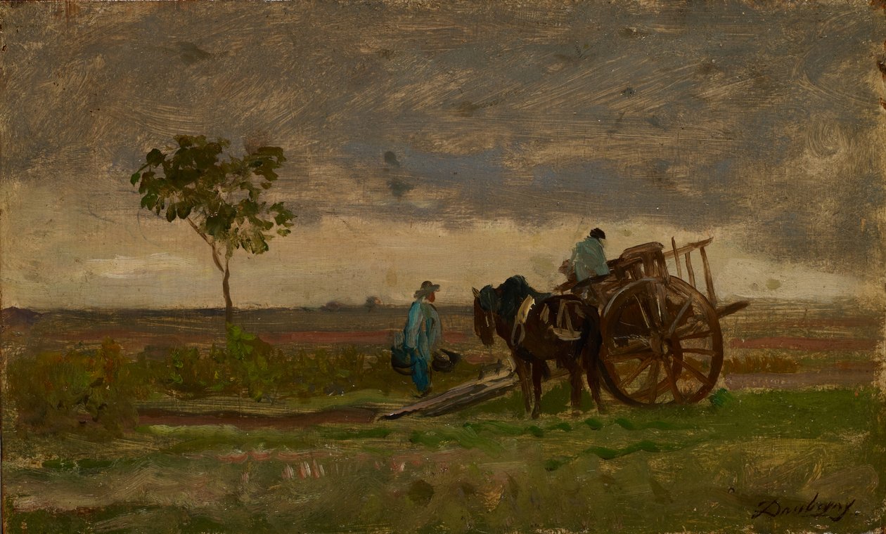 Vidsträckt landskap med Farmers Chariot (olja på ek) av Charles Francois Daubigny