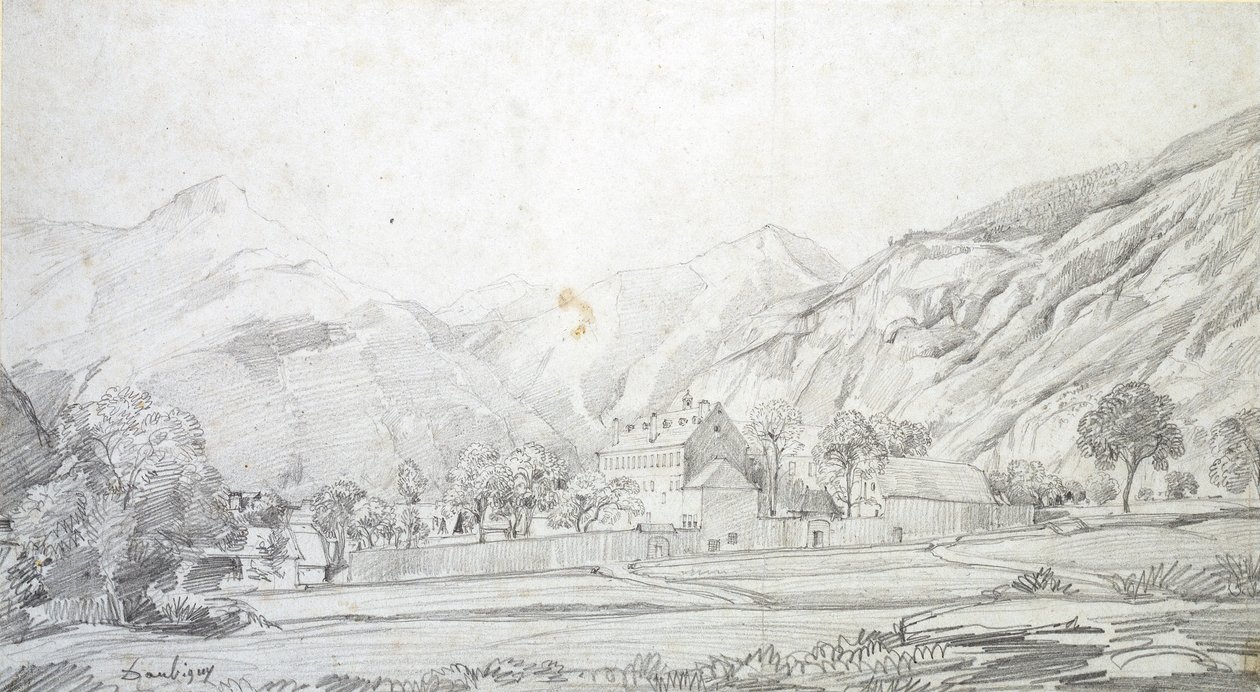 Vy över byggnader i en muromgärdad inhägnad med berg i bakgrunden, mitten av 1800-talet av Charles Francois Daubigny