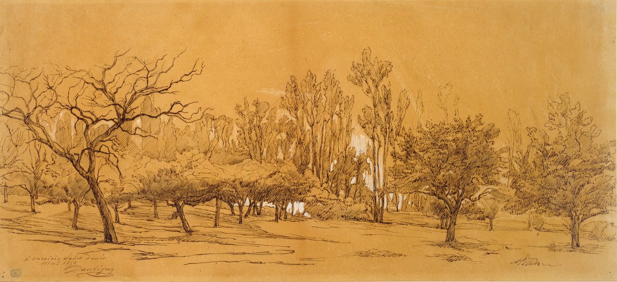 Utsikt över en fruktträdgård i Saint-Denis, mitten av 1800-talet av Charles Francois Daubigny