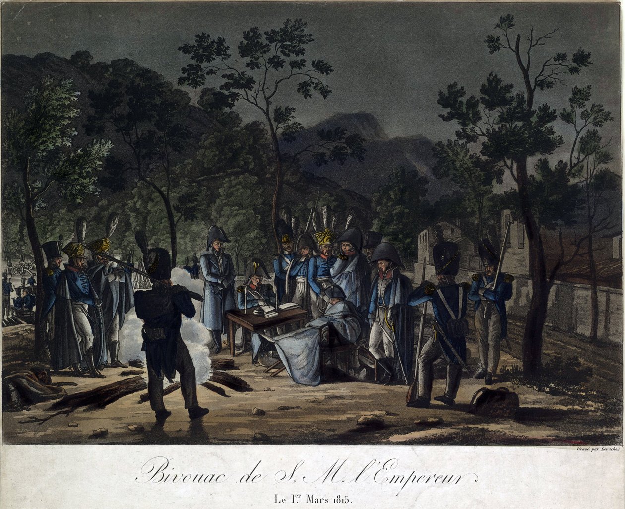 Napoleons återkomst från Elba. Napoleons bivack vid Golfe-Juan den 1 mars 1815 - Levachez, Charles Francois Gabriel (aktiv 1760-1820) - 1815 - Akvatint - 29,5x30 - Privat samling av Charles Francois Gabriel Levachez