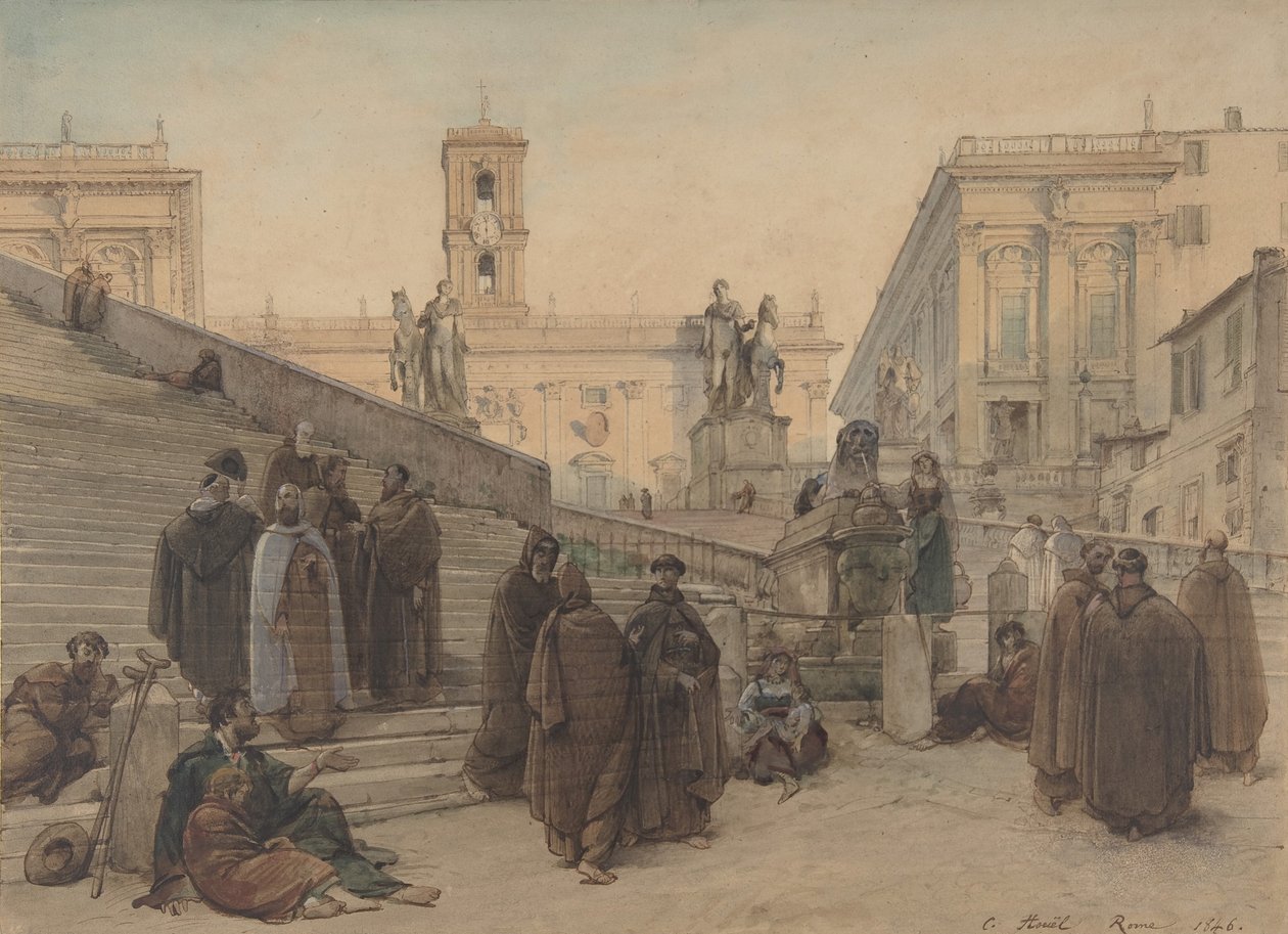 Campidoglio sett från trappan till Aracoeli-kyrkan, Rom, vid solnedgången, 1846. av Charles Francois Houel